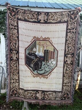 Vintage Medical Themed Woven Tapestry Throw in Brown and Beige